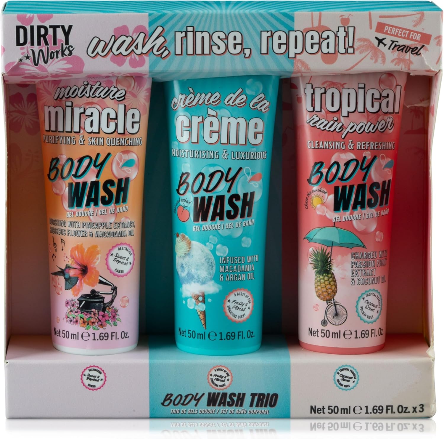 Dirty Works Wash, Rinse, Repeat Body Wash Trio – 3-Piece Shower Gel Gift Set For Women – Tropical, Floral & Fruity Fragrances – Nourishing & Hydrating Skincare Treat