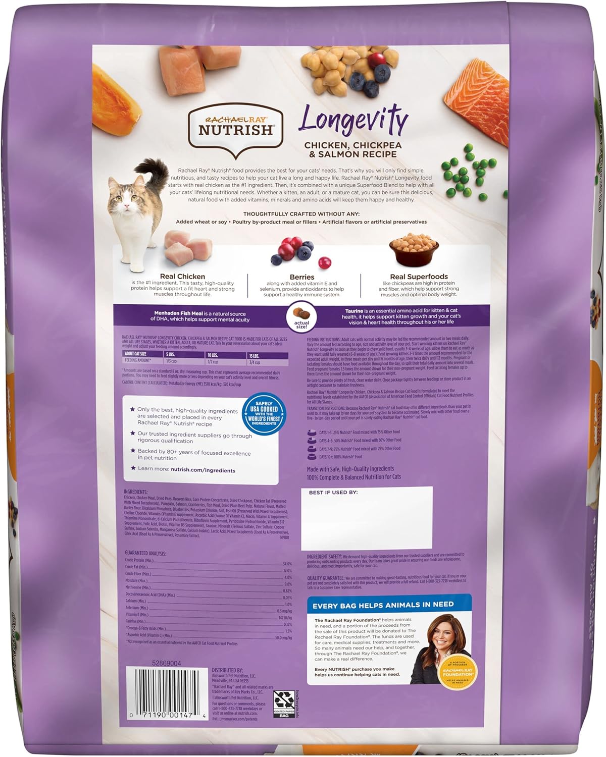 Rachael Ray Nutrish Longevity Premium Natural Dry Cat Food with Added Vitamins, Minerals & Other Nutrients, Chicken with Chickpeas & Salmon Recipe, 14 Pounds : Pet Supplies