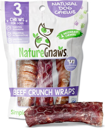 Nature Gnaws Beef Trachea Crunch Wraps For Dogs (3 Count) - Long Lasting Natural Beef Jerky Dog Chew Bones - Rawhide Free