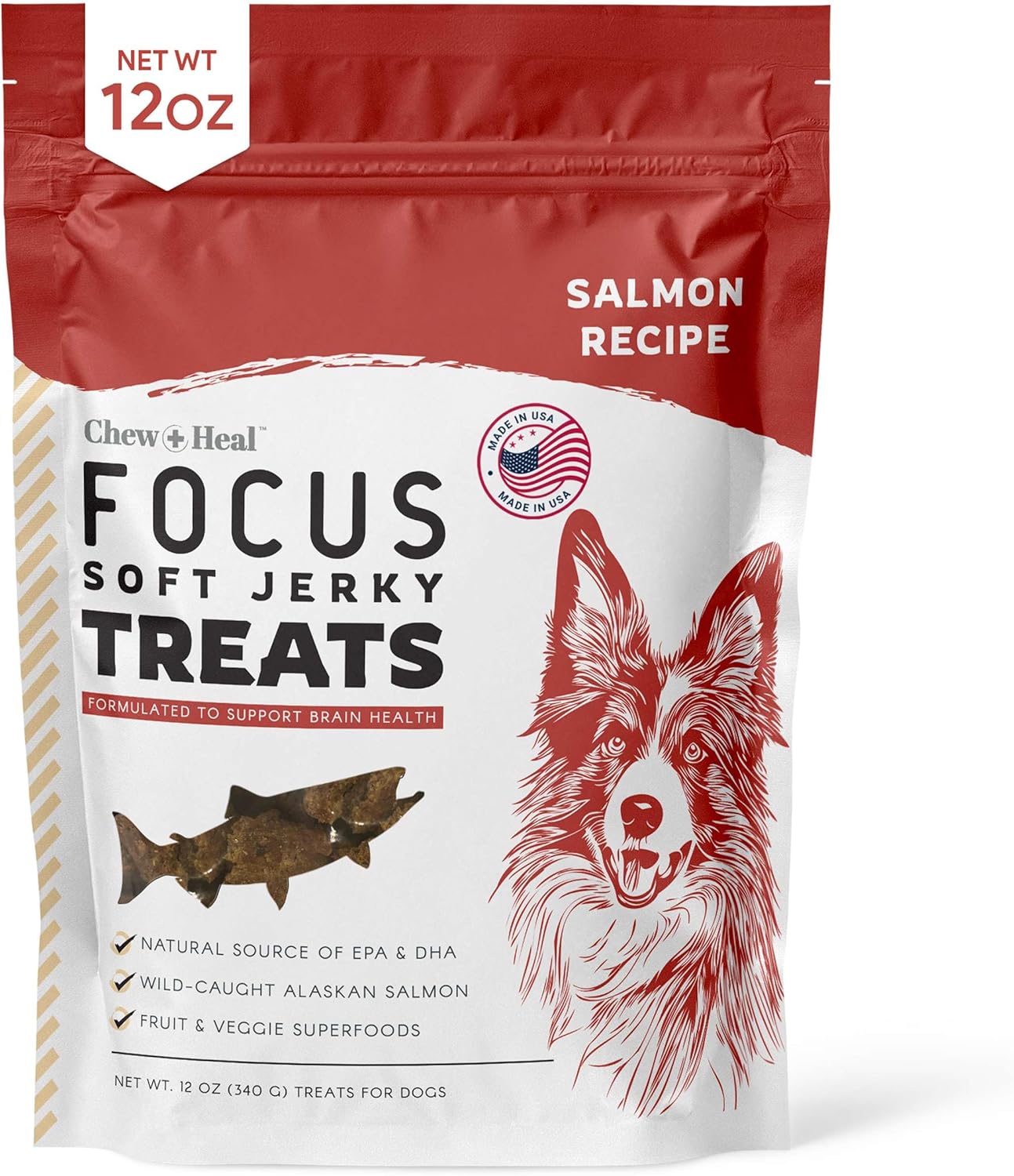 Chew + Heal Labs Dog Salmon Jerky Treats With Cognitive Support - 12 Oz Of Dog Salmon Treats - Made With Gingko Biloba, Blueberries, Cranberries, Pumpkin, And More - Made In The Usa