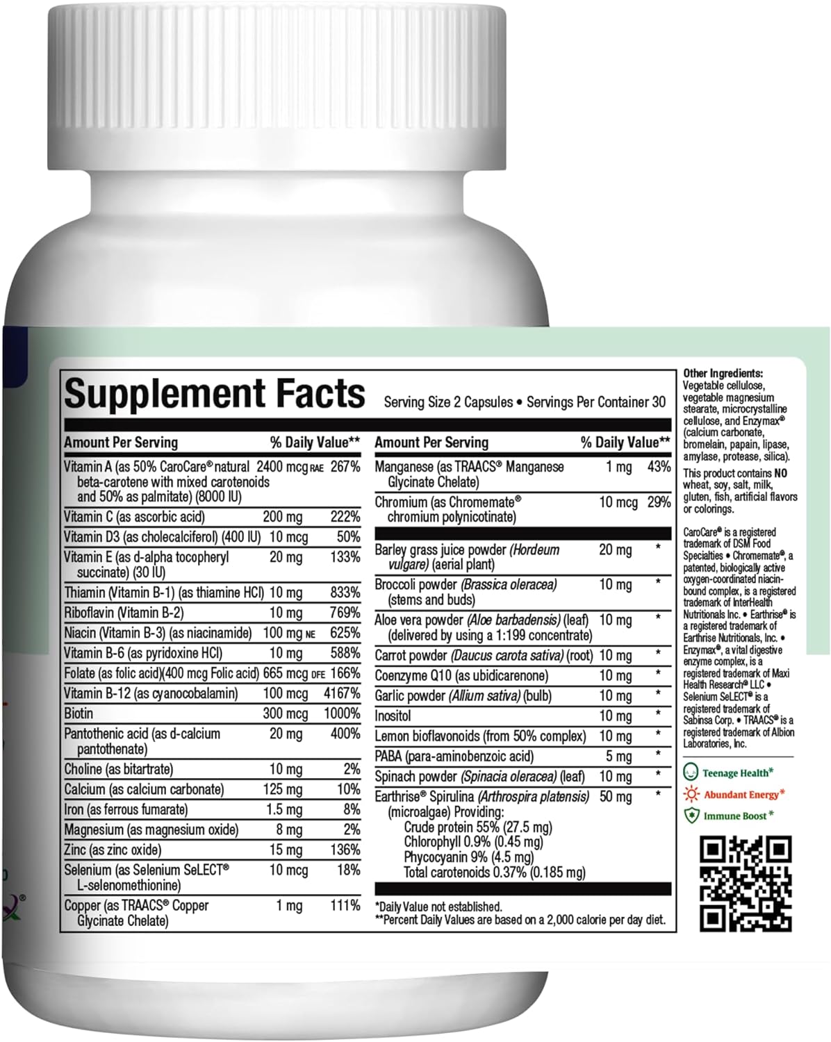 Maxi Health Teen Supreme Hers Vitamins for Teen Girls (120) - Women's Multivitamin for Energy, Immune Boost, Body & Brain Growth - Womens Multi Vitamins Including D3, Iron, Calcium, Digestive Enzyme : Health & Household