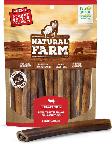 Natural Farm Peanut Butter Flavor Collagen Sticks for Dogs (6 Inch, 15 Pack), Long-Lasting Beef Collagen Sticks, Rawhide Alternative Chews with Chondroitin & Glucosamine, Low-Fat Dental Treats