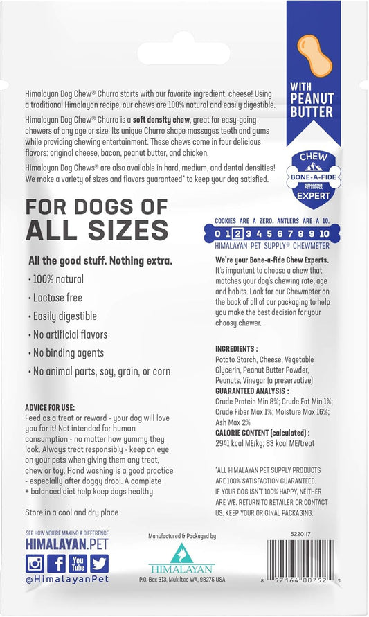 Himalayan Dog Chew Churro Yak Cheese Dog Chews, 100% Natural, Long Lasting, Gluten Free, Healthy & Safe Dog Treats, Lactose & Grain Free, Protein Rich, Real Peanut Butter Flavor, 4 Churros Per Pouch