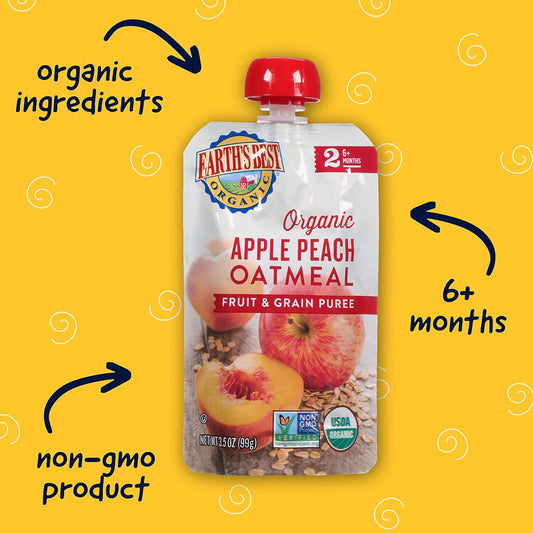 Earth'S Best Organic Baby Food Pouches, Stage 2 Fruit And Grain Puree For Babies 6 Months And Older, Organic Apple Peach And Oatmeal Puree, 3.5 Oz Resealable Pouch (Pack Of 12)