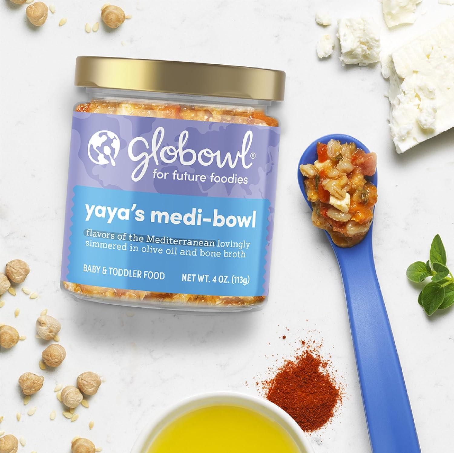 Globowl Stage 3 Baby Food & Toddler Meals, 6+ Months Early Allergen Introduction, Baby Led Weaning, International Whole Food Snacks for Toddlers, Babies, 4 oz Glass Jar, Yaya's Medi-Bowl, 4-Pack : Baby
