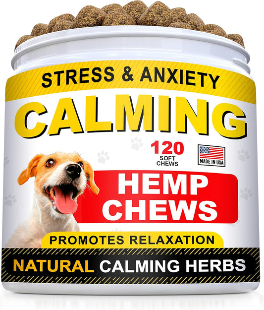 Hemp Calming Treats + Salmon Oil Omega 3 For Dogs Bundle - Anxiety Relief + Allergy Relief - Hemp Oil + Epa & Dha Fatty Acids - Stress Relief + Itch Relief, Shedding - 120 Chews + 32Oz - Made In Usa