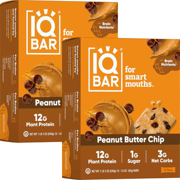 Iqbar Brain And Body Plant Protein Bars - Peanut Butter Chip - 24 Count, Low Carb, High Fiber, Gluten Free, Vegan Snacks - Low Sugar Keto Energy Bars