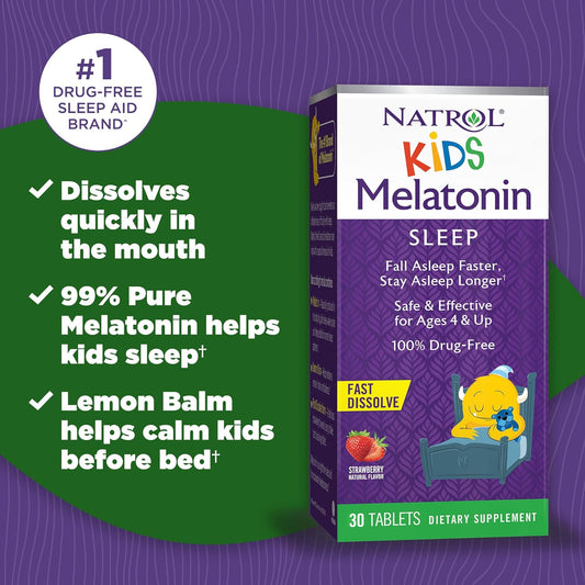 Natrol Kids 1mg Melatonin Fast Dissolve Sleep Aid Tablets, with Lemon Balm, Supplement for Children Ages 4 and up, Drug Free, Dissolves in Mouth, 30 Strawberry avored Tablets