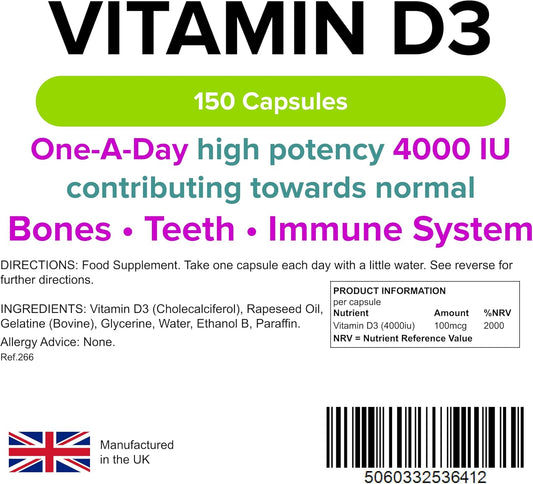 Lindens Vitamin D3 4000Iu - 150 High Strength Capsules - Supports Healthy Immune System & Calcium Absorption - One-A-Day Capsule - 5 Month Supply - Uk Manufacturer & Letterbox Friendly