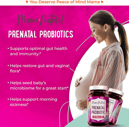 Mama Natural Prenatal Probiotics For Women (30 Vegan Probiotic Capsules) | 25 Billion Cfu & 12 Strain Pregnancy Probiotic & Prebiotic Blend | Acidophilus & Bifidobacteria Support For Mom And Baby