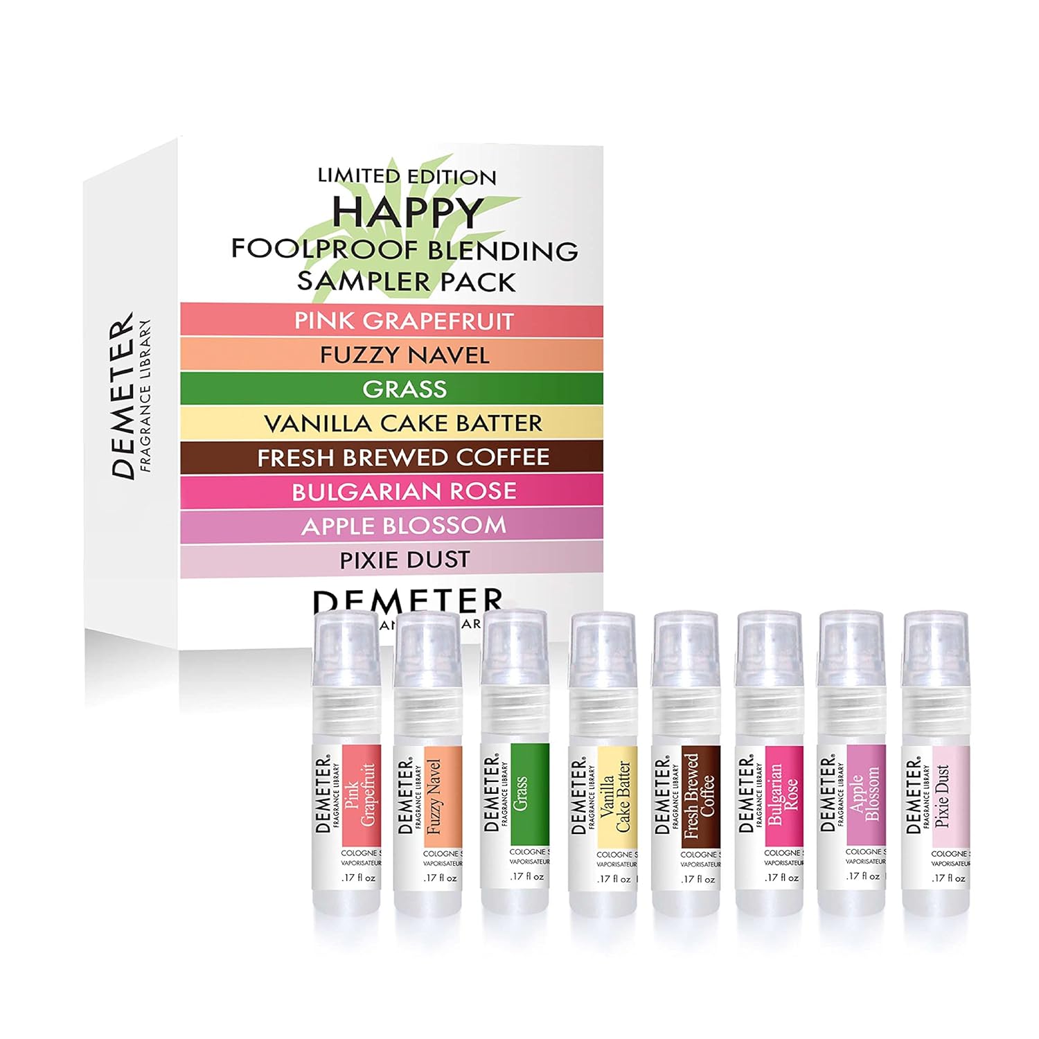 Demeter Happy Foolproof Blending Set, Pink Grapefruit, Fuzzy Navel, Grass, Vanilla Cake Batter, Fresh Brewed Coffee, Bulgarian Rose, Apple Blossom, Pixie Dust, Set Of 8 Perfumes