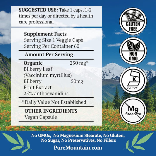 Pure Mountain Botanicals Bilberry Extract Supplement - Antioxidant, Supports Healthy Eye Function - Vegan Kosher Capsules With 250Mg Organic Bilberry Leaf & 50Mg Potent Extract