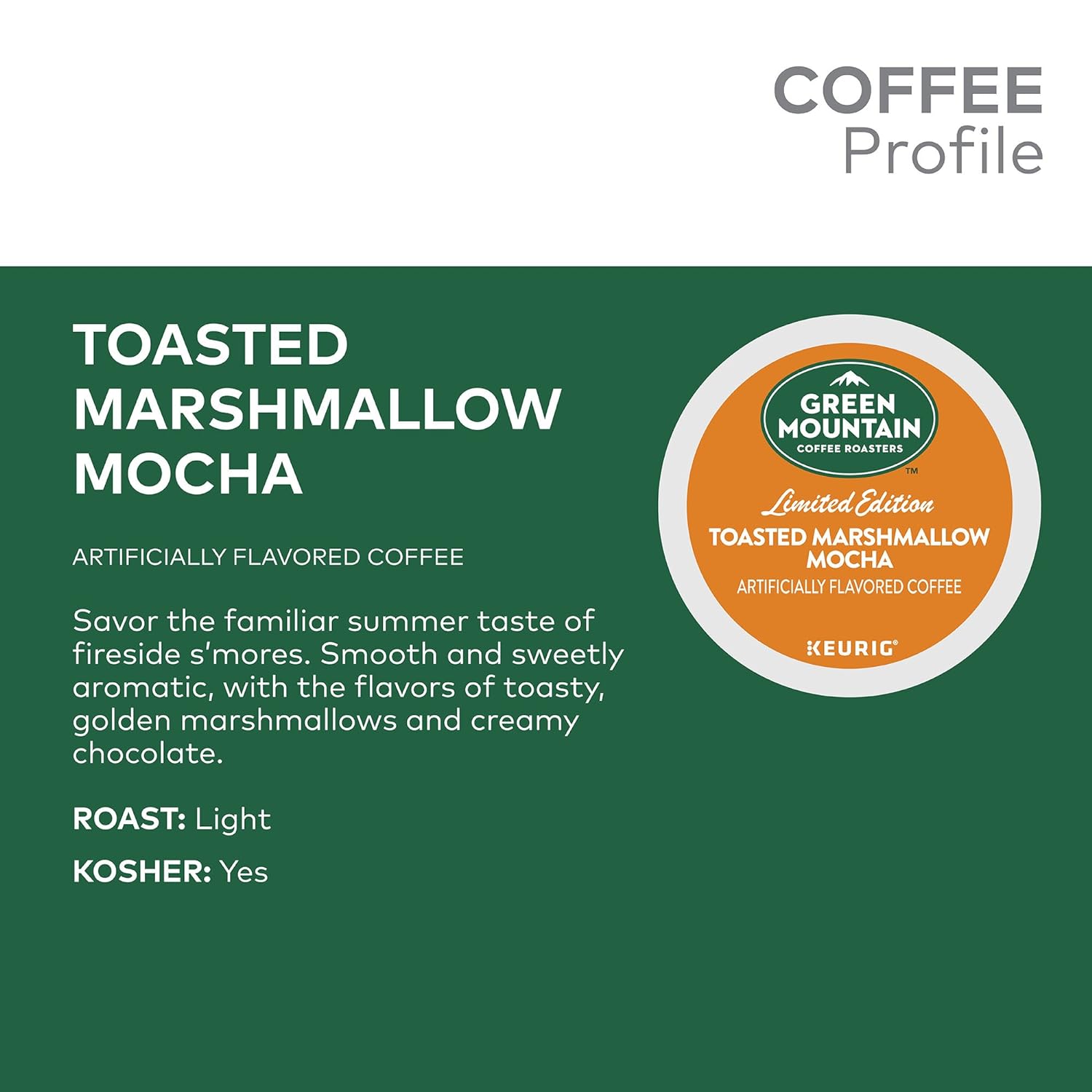 Green Mountain Coffee Roasters Toasted Marshmallow Mocha, Single-Serve Keurig K-Cup Pods, Flavored Light Roast Coffee, 24 Count : Grocery & Gourmet Food