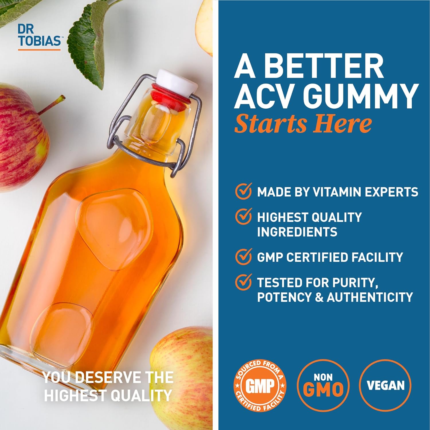 Dr. Tobias Apple Cider Vinegar Gummies, Includes 500 mg Apple Cider Vinegar with Mother, Folate, B12 & Iodine, Supports Gut Health, Cleanse & Detox, Vegan & Gluten-Free, 120 Gummies : Health & Household
