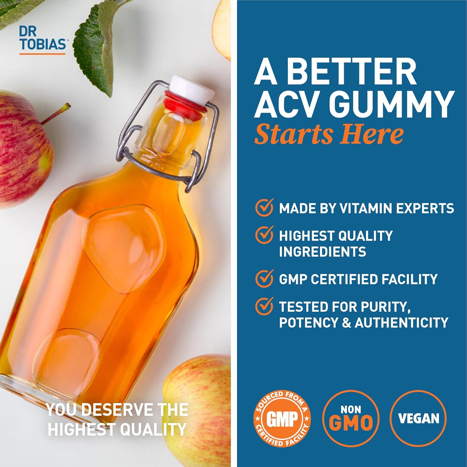 Dr. Tobias Apple Cider Vinegar Gummies, Includes 500 Mg Apple Cider Vinegar With Mother, Folate, B12 & Iodine, Supports Gut Health, Cleanse & Detox, Vegan, Gluten-Free, 120 Gummies : Health & Household