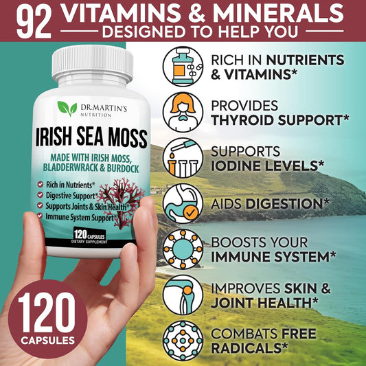 2625Mg Irish Sea Moss Supplement 120 Capsules | Seamoss Bladderwrack Burdock Root Capsules | Contain 92 Vitamins & Minerals For Immunity, Gut, Joint & Skin Health | Support Thyroid, Energy & Digestion