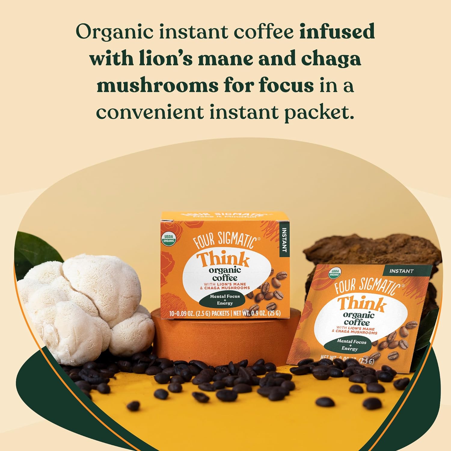 Four Sigmatic Foods Mushroom Instant Coffee, Organic and Fair Trade with Lions Mane, Chaga, & Mushroom Powder, Focus & Immune Support, Paleo, 0.9 Oz - 10 Count (Pack of 1) : Grocery & Gourmet Food