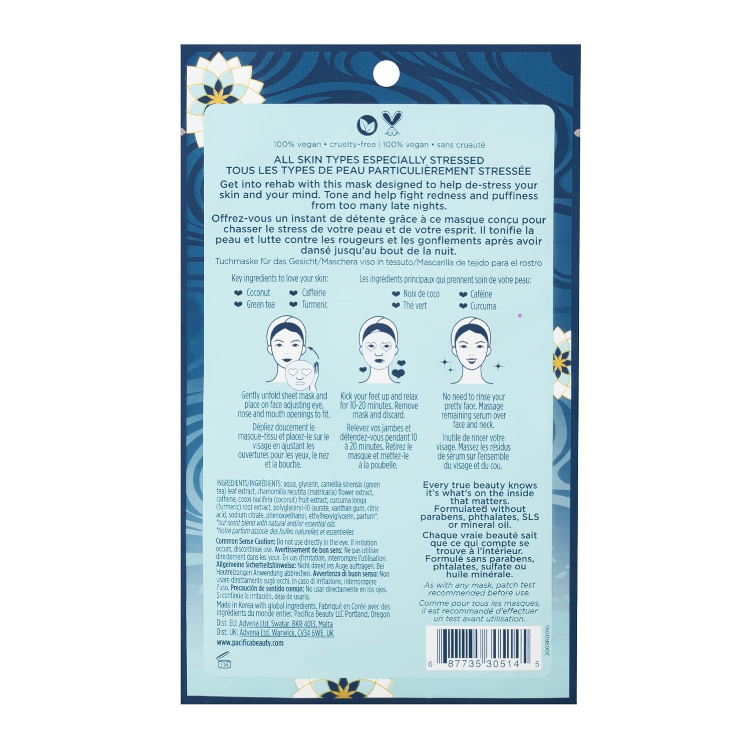 Pacifica Beauty, Stress Rehab Coconut & Caffeine Face Mask, Sheet Mask, De-Stress, Reduce Puffiness & Redness, For All Skin Types, Green Tea, Vegan : Beauty & Personal Care