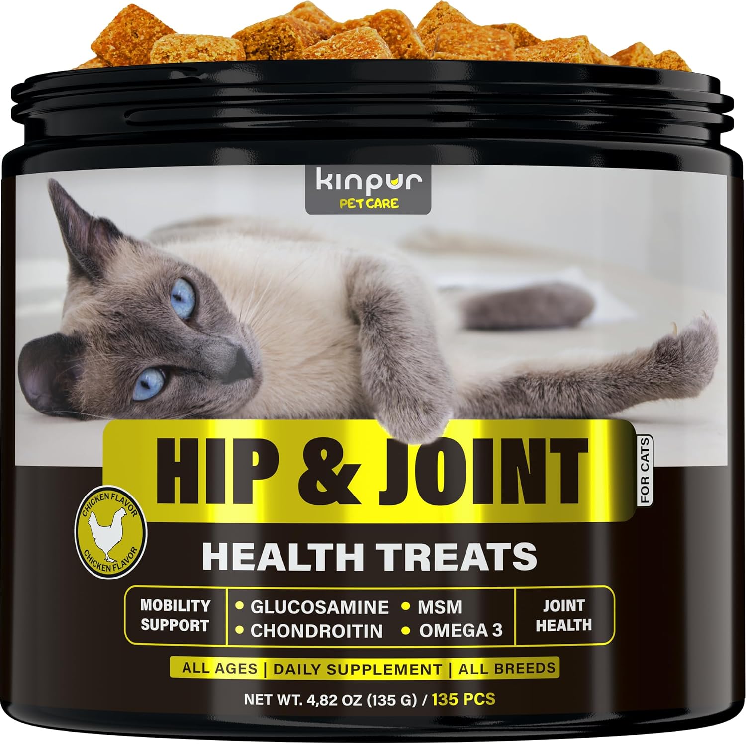 Kinpur Pet Care Natural Glucosamine For Cats - Effective Cat Joint Supplement That Helps Improve Flexibility And Mobility - Hip And Joint Support For Cats - American Quality - 135 Chews (Pack Of 1)