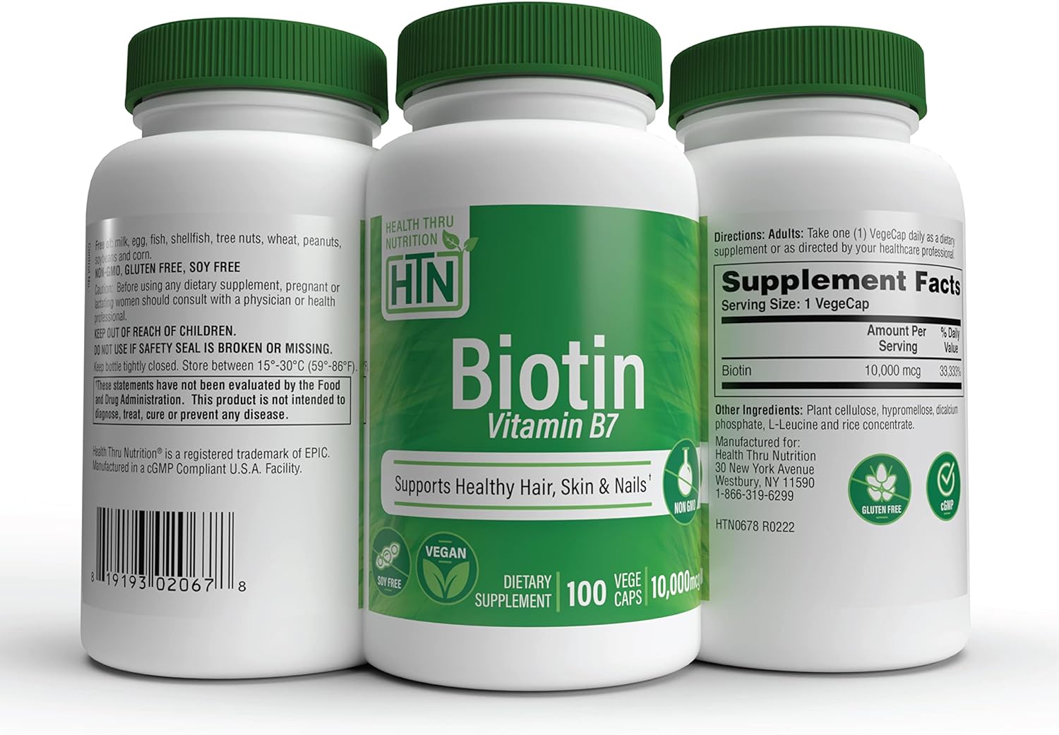 Health Thru Nutrition Biotin 10,000mcg Vegan | Vitamin B7 | Hair, Skin, Nail Support & Keratin Production| Non-GMO, Soy-Free, Gluten-Free, Hypoallergenic (Pack of 100)