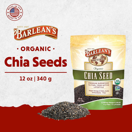 Barlean'S Organic Chia Seeds With 2,140 Mg Omega 3 Fatty Acids, Fiber Supplement For Whole Chia Seed For Smoothies, Non-Gmo Certified, 12 Oz