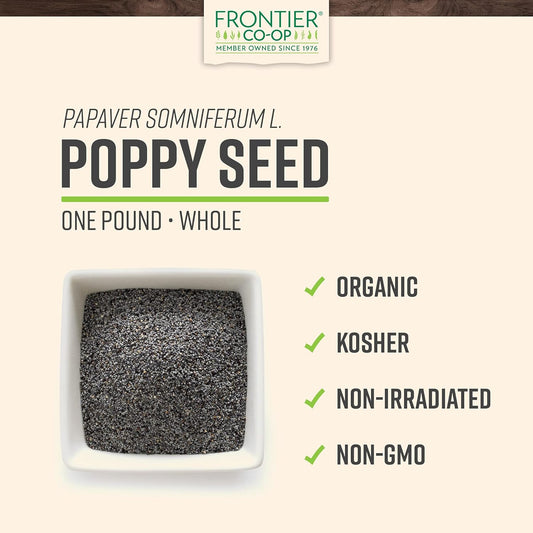 Frontier Co-Op Organic Whole Poppy Seed 1Lb - Bulk Bag Of Poppy Seeds For Baking, Salad Dressing, Cooking, Kosher Recipes And More