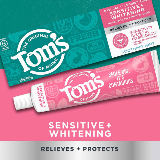 Tom'S Of Maine Sensitive + Whitening Fluoride Free Toothpaste,Soothing Mint 4.0 Oz 3-Pack