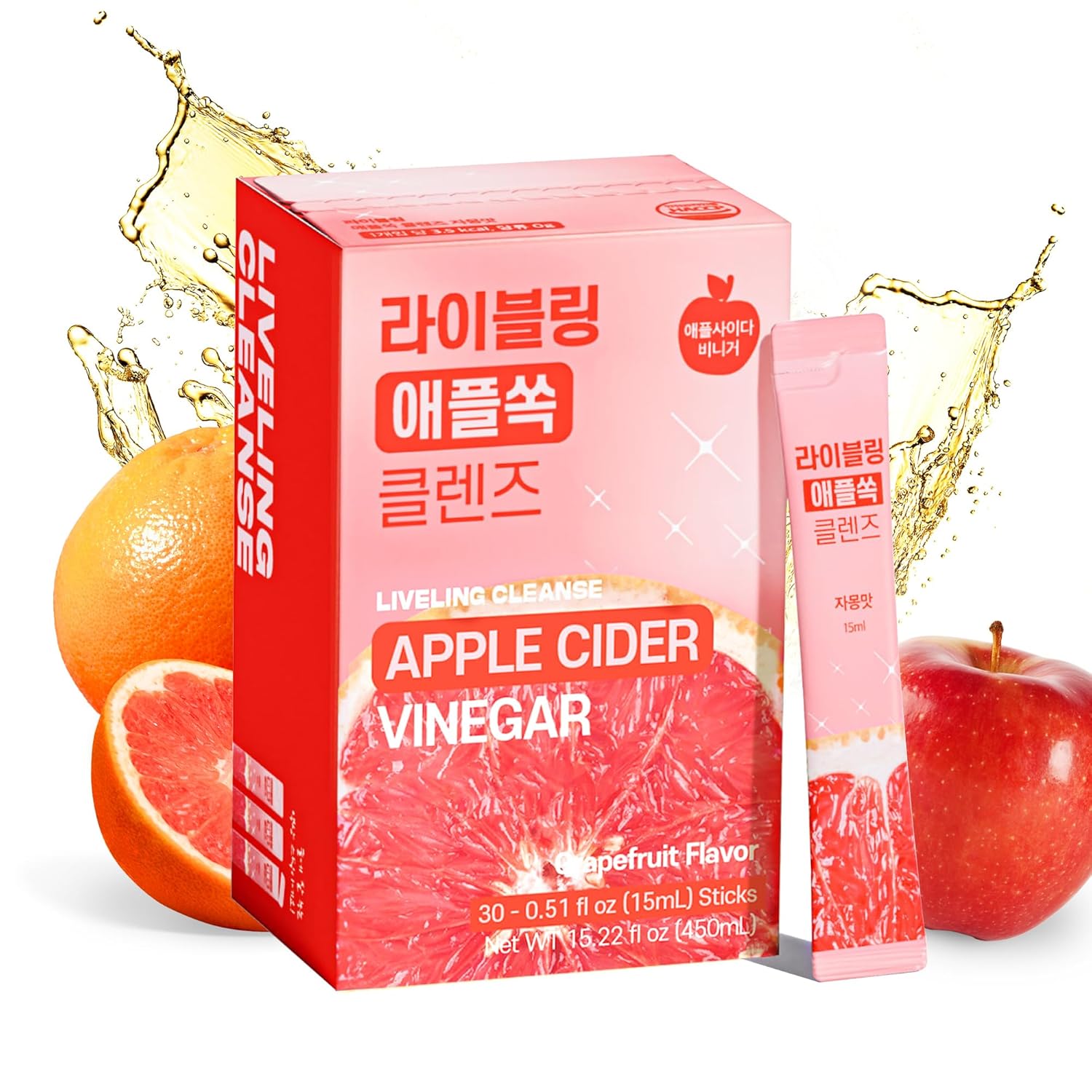 [Liveling] Apple Cider Vinegar Liquid Stick L Grapefruit Flavor, Natural Cleanse With Premium Nutritional Ingredients, Ph Balance, Zero Sugar, Easy Cut & Easy Mix (30 Sticks)