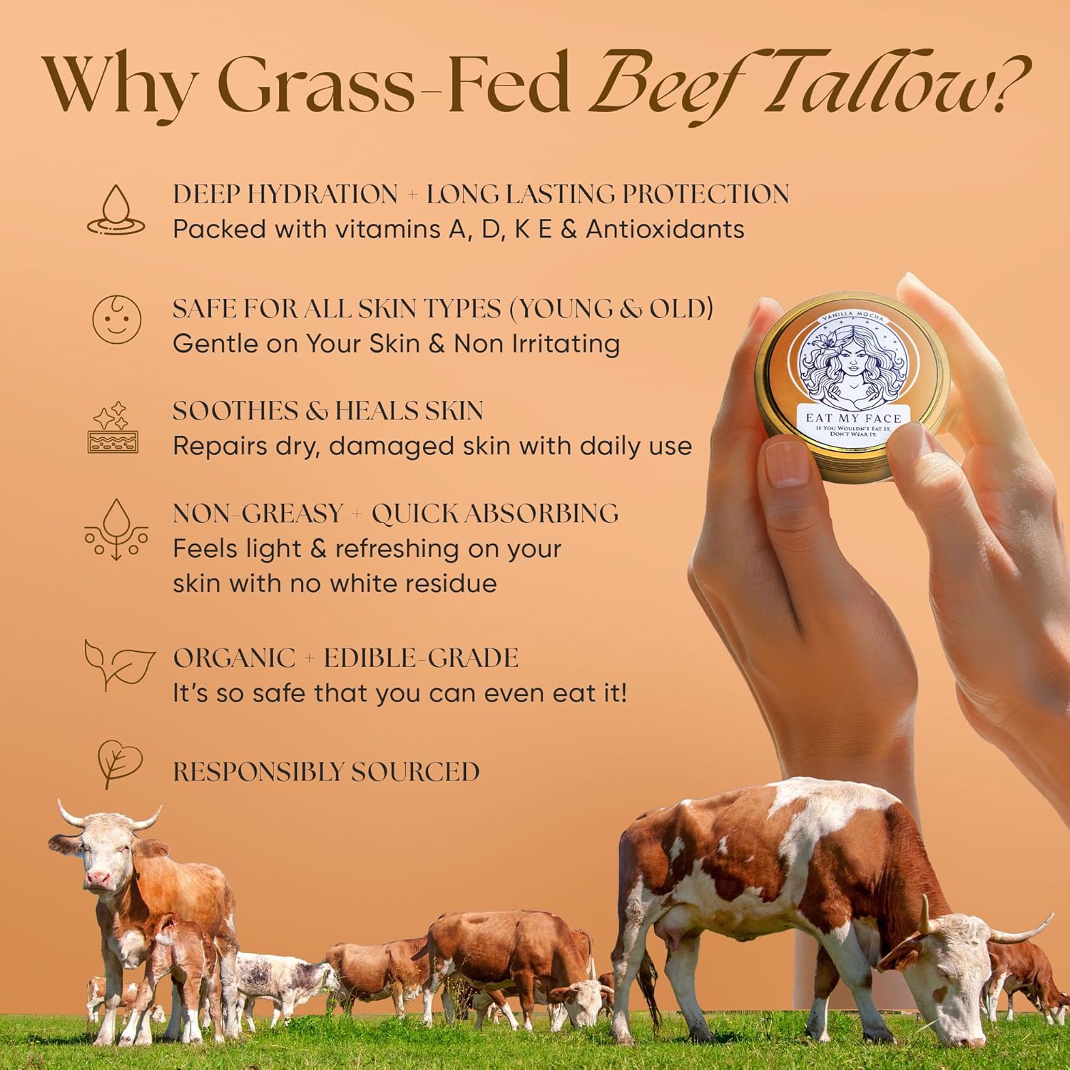 Eat My Face Tallow Face Moisturizer - Beef Tallow For Face Neck & Body, Beef Tallow Moisturizer, Organic Beef Tallow Face Cream, Grass Fed Tallow For Skin, Made In Usa - Tallow Cream, 4.0 Fl Oz : Beauty & Personal Care