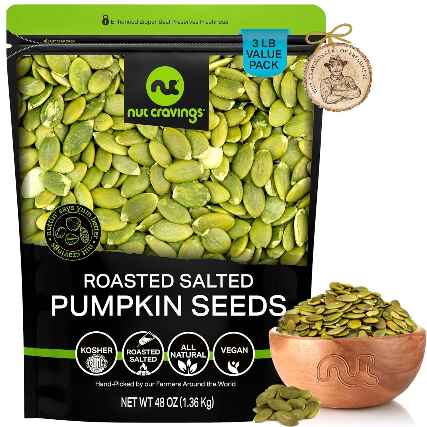 Nut Cravings - Roasted & Salted Pumpkin Seeds, Pepitas, No Shell (48oz - 3 LB) Packed Fresh in Resealable Bag - Nut Snack - Healthy Protein Food, All Natural, Keto Friendly, Vegan, Kosher
