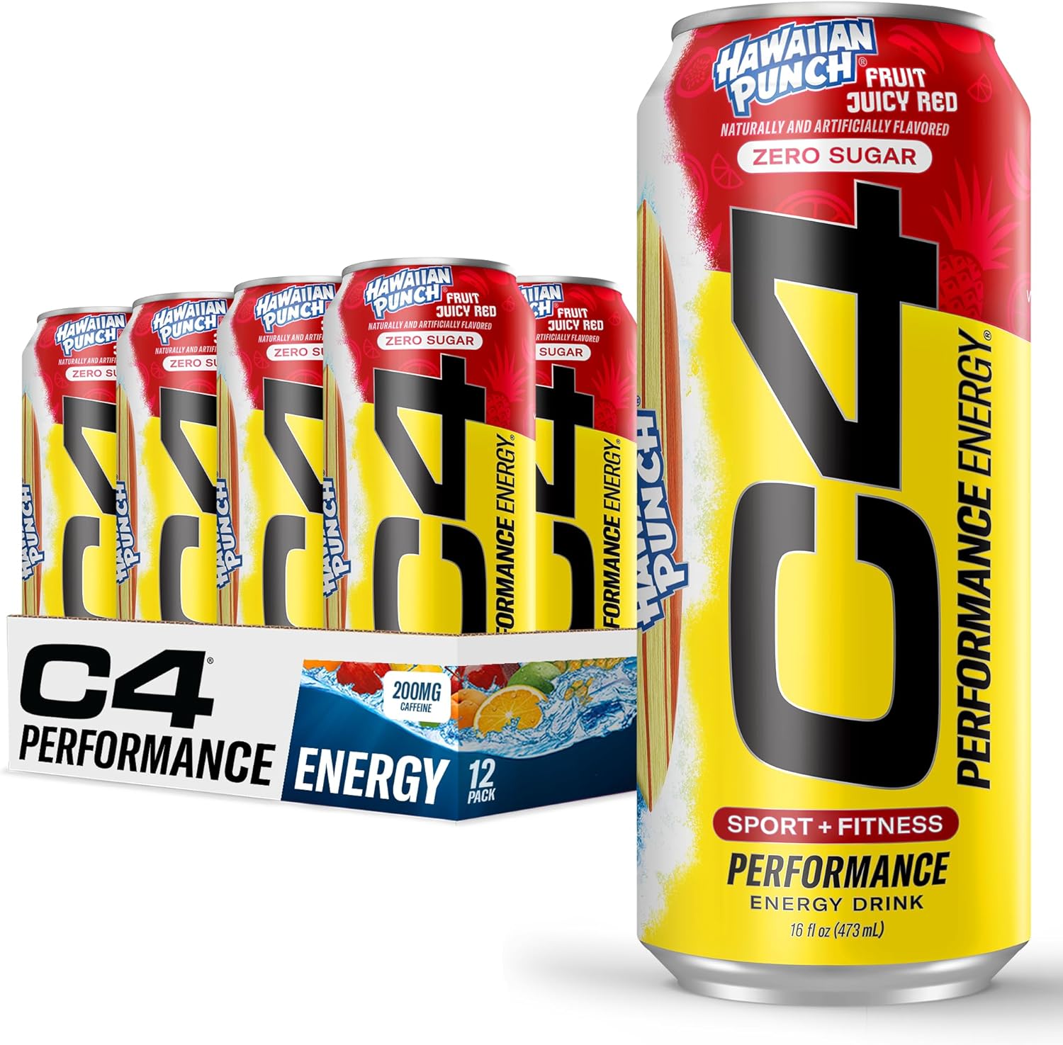 C4 Performance Energy Drink | Hawaiian Punch™ | Zero Sugar Carbonated Preworkout Energy | 200Mg Caffeine With Beta Alanine | 16 Fl Oz (12 Pack)