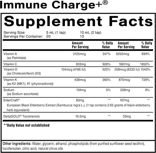 Quicksilver Scientific Immune Charge+ - Elderberry Immune Support With 10,000 Iu Vitamin D3, 25,000 Vitamin A, Vitamin C, E, K1 & K2 For Immune Health & Lung Support (100Ml)