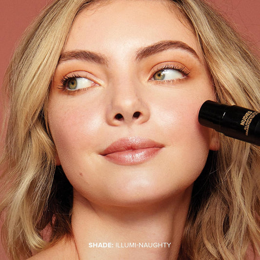 Nudestix Nudies Glow Highlighter Stick W/Blending Brush, Dewy Cream Makeup For Cheeks, Eyes, Lips, Soft Metallic Glowy Face Color And Contour, 0.28 Oz (8G) (Illumi-Naughty)