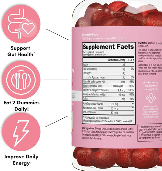 Flat Tummy Apple Cider Vinegar Gummies, 60 Count-Boost Energy, Detox, Support Gut Health & Healthy Metabolism – Vegan, Non-Gmo Acv Gummies - Made With Apples, Beetroot, Vitamins B9 & B12 - Pack Of 5