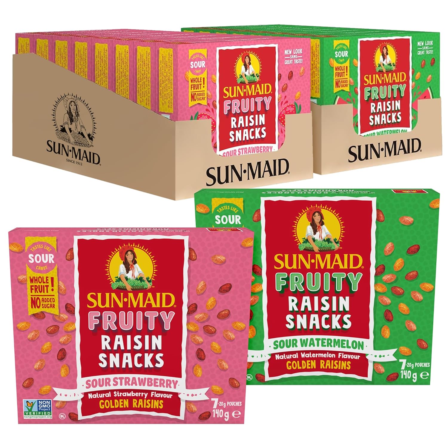 Sun-Maid Fruity Raisins Variety Pack | Strawberry (Pack Of 56) and Watermelon (Pack Of 56) | 1 Ounce Boxes |Whole Dried Fruit Snacks| No Artificial Flavors | Non-GMO