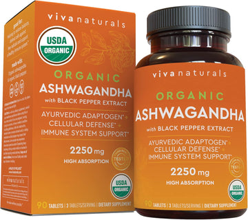 Viva Naturals Organic Ashwagandha Supplement With Black Pepper - Includes 2250 Mg Ashwagandha Root Powder & Organic Black Pepper For Superior Absorption (90 Tablets), Antioxidant & Immune Support