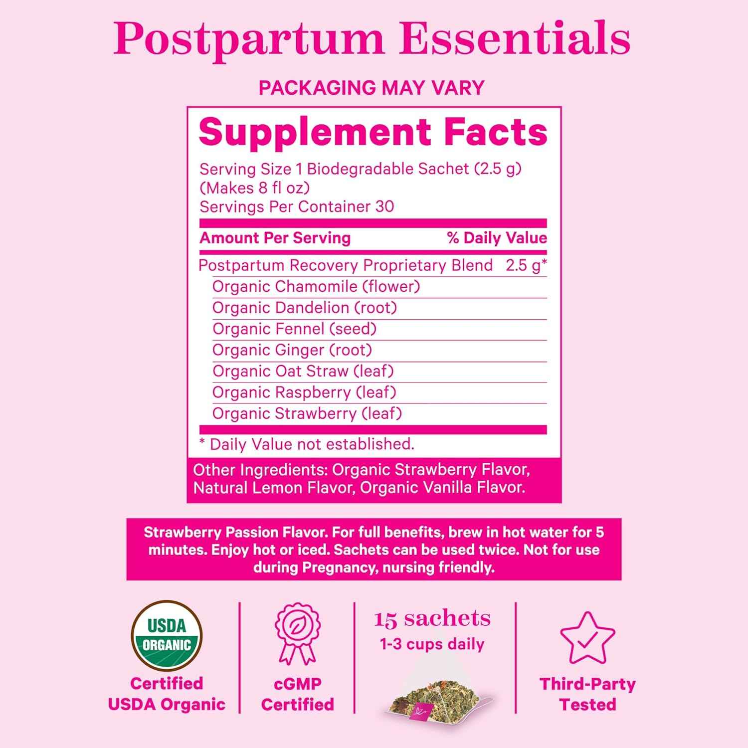 Pink Stork Postpartum Recovery Herbal Tea, Organic Red Raspberry Leaf with Chamomile, Hormone Balance for Women after Labor and Delivery, Strawberry Passion, Caffeine-Free, 15 Sachets : Grocery & Gourmet Food