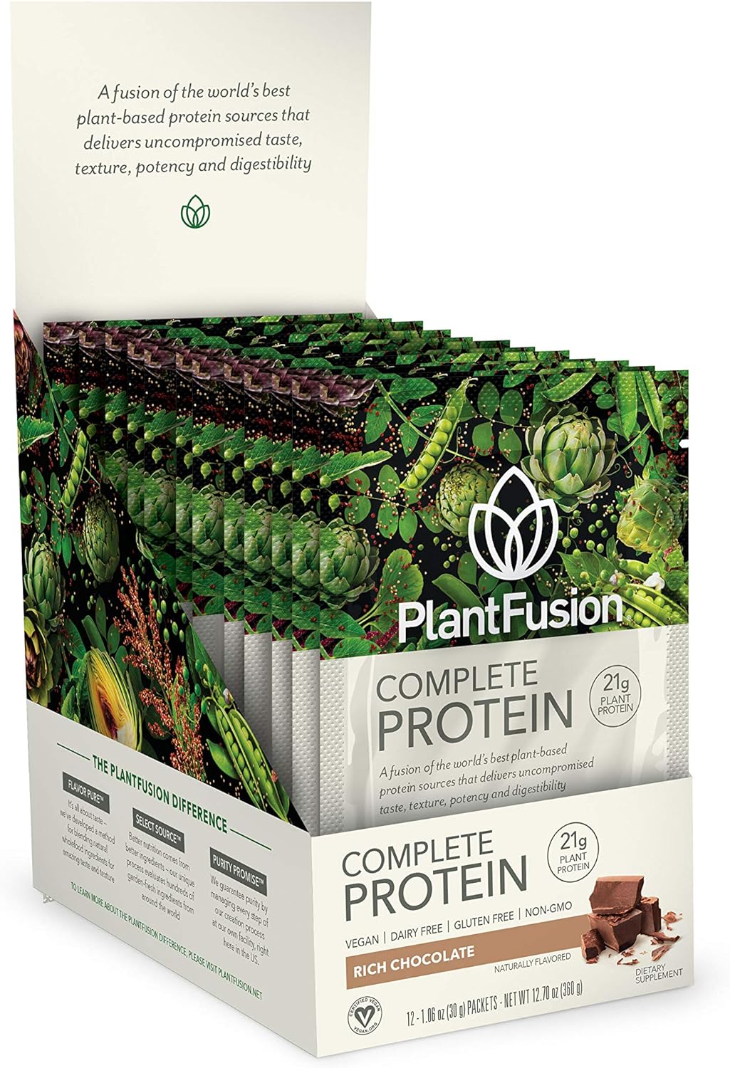 PlantFusion Complete Vegan Protein Powder - Plant Based Protein Powder with BCAAs, Digestive Enzymes and Pea Protein - Keto, Gluten Free, Soy Free, Non-Dairy, No Sugar, Non-GMO - Chocolate Pack of 12
