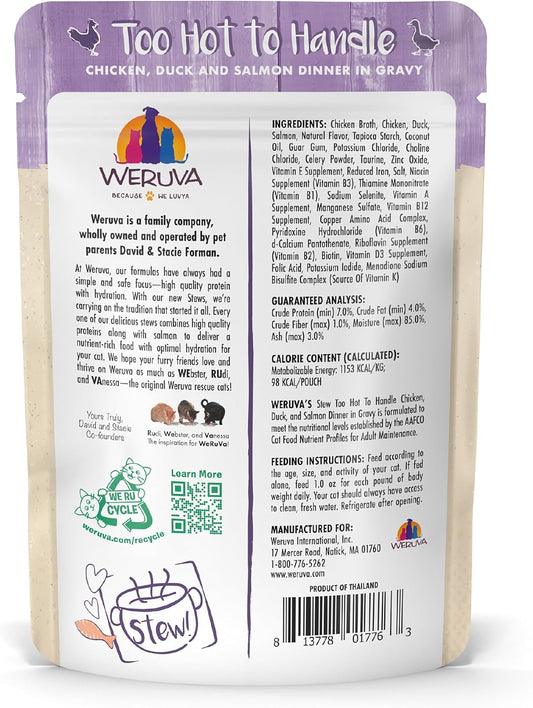 Weruva Classic Cat Stews!, Too Hot To Handle With Chicken, Duck & Salmon In Gravy, 3Oz Pouch (Pack Of 12)