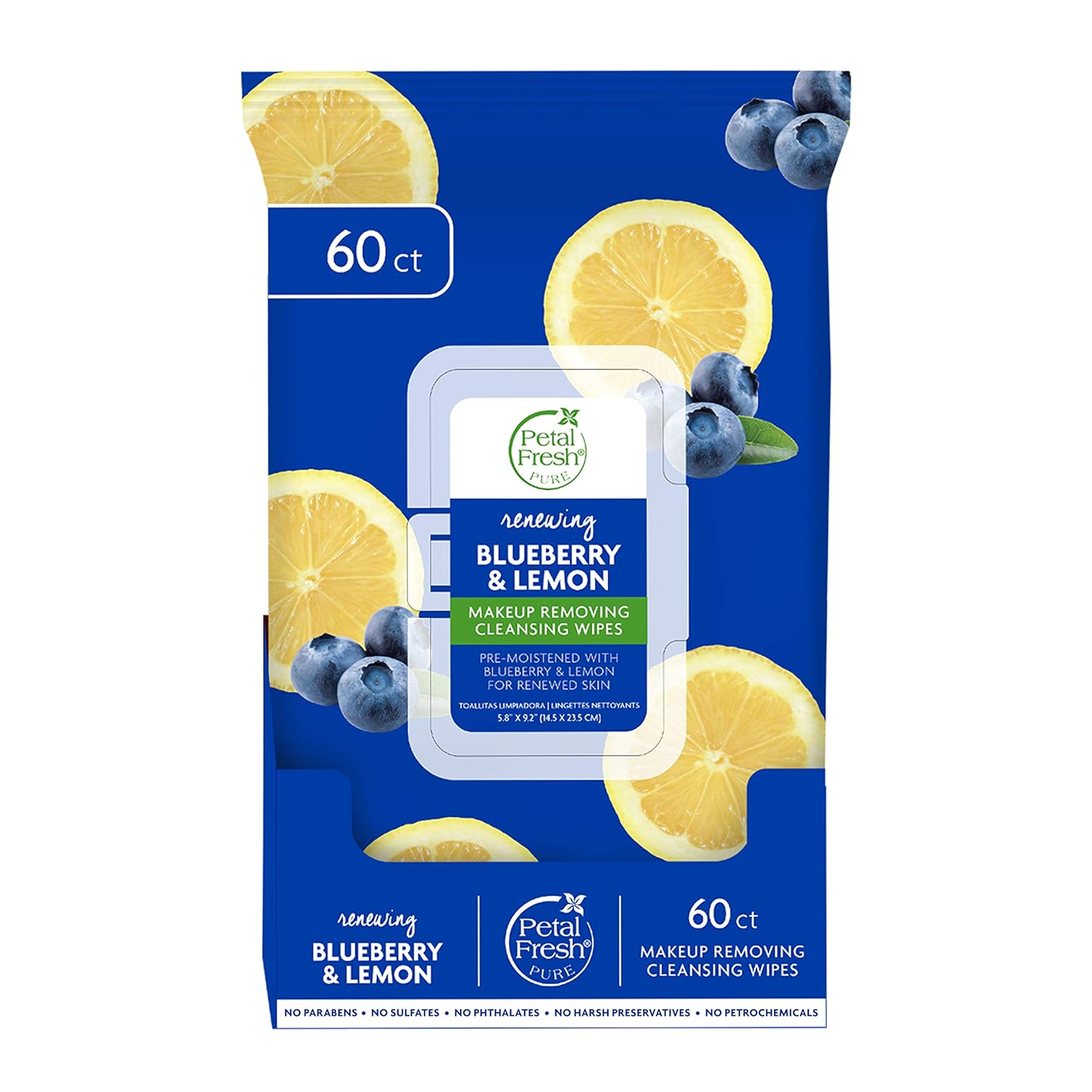 Petal Fresh Renewing Blueberry & Lemon Makeup Removing, Cleansing Towelettes, Gentle Face Wipes, Daily Cleansing, Vegan and Cruelty Free, 60 count