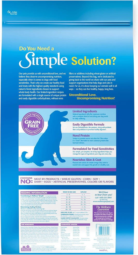 Wellness Simple Natural Limited-Ingredient Grain-Free Dry Dog Food, Easy to Digest for Sensitive Stomachs, Supports Skin & Coat (Turkey and Potato, 26-Pound Bag)