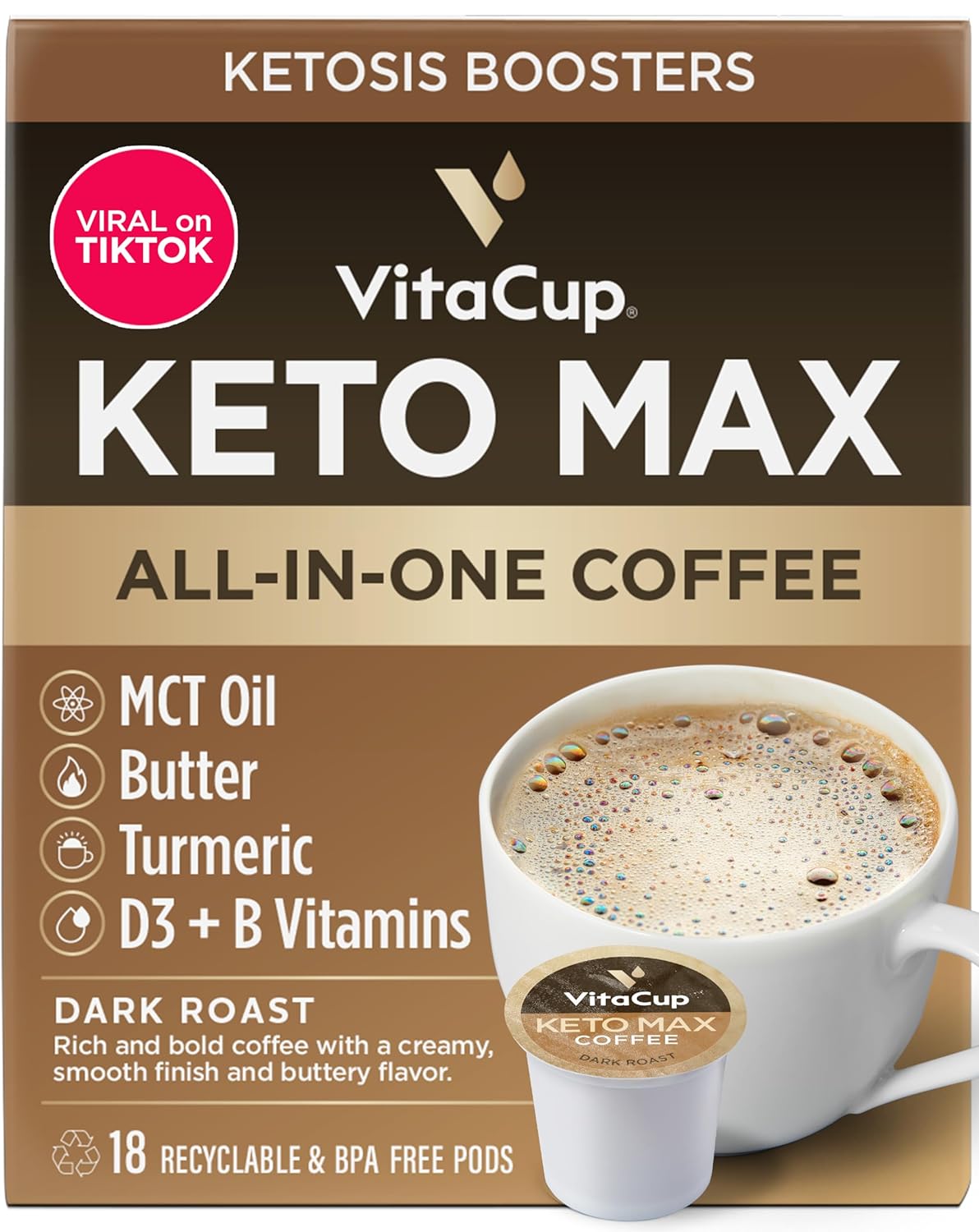 Vitacup Keto Max Dark Roast Coffee Pods, Ketosis & Energy, Butter, Mct Oil, Turmeric, B Vitamins, D3, All-In-One Keto Recyclable Single Serve Pod Compatible W/Keurig K-Cup Brewers,18 Ct