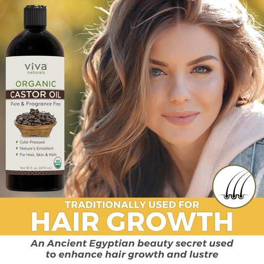 Viva Naturals Organic Castor Oil, 16 fl oz - Cold Pressed Castor Oil for Skin, Hair and Lashes - Traditionally Used to Support Hair Growth - Certified Organic & Non-GMO - Includes Beauty Kit