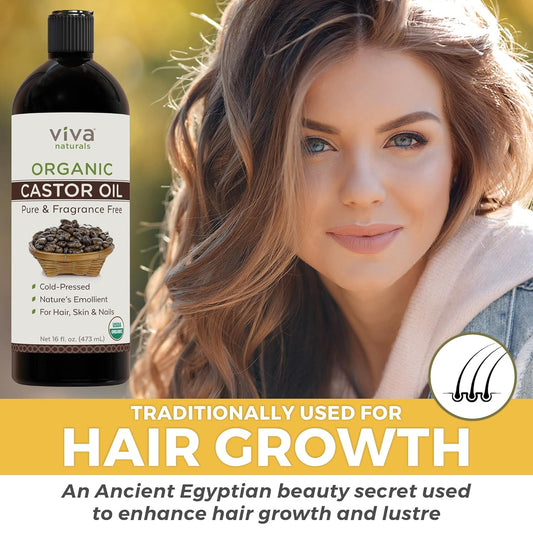 Viva Naturals Cold Pressed Organic Castor Oil 16 Fl Oz - Castor Oil For Face, Castor Oil For Eyelashes, Traditional Eyebrow Growth Serum, Castor Oil For Hair Growth - Certified Organic & Non-Gmo