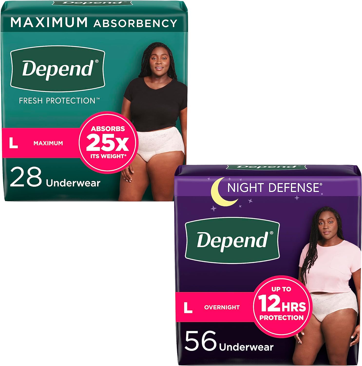 Adult Incontinence Underwear Bundle: Depend Fresh Protection Underwear for Women, Maximum, L, Blush, 28 Count and Depend Night Defense Underwear for Women, Overnight, L, Blush, 56 Count
