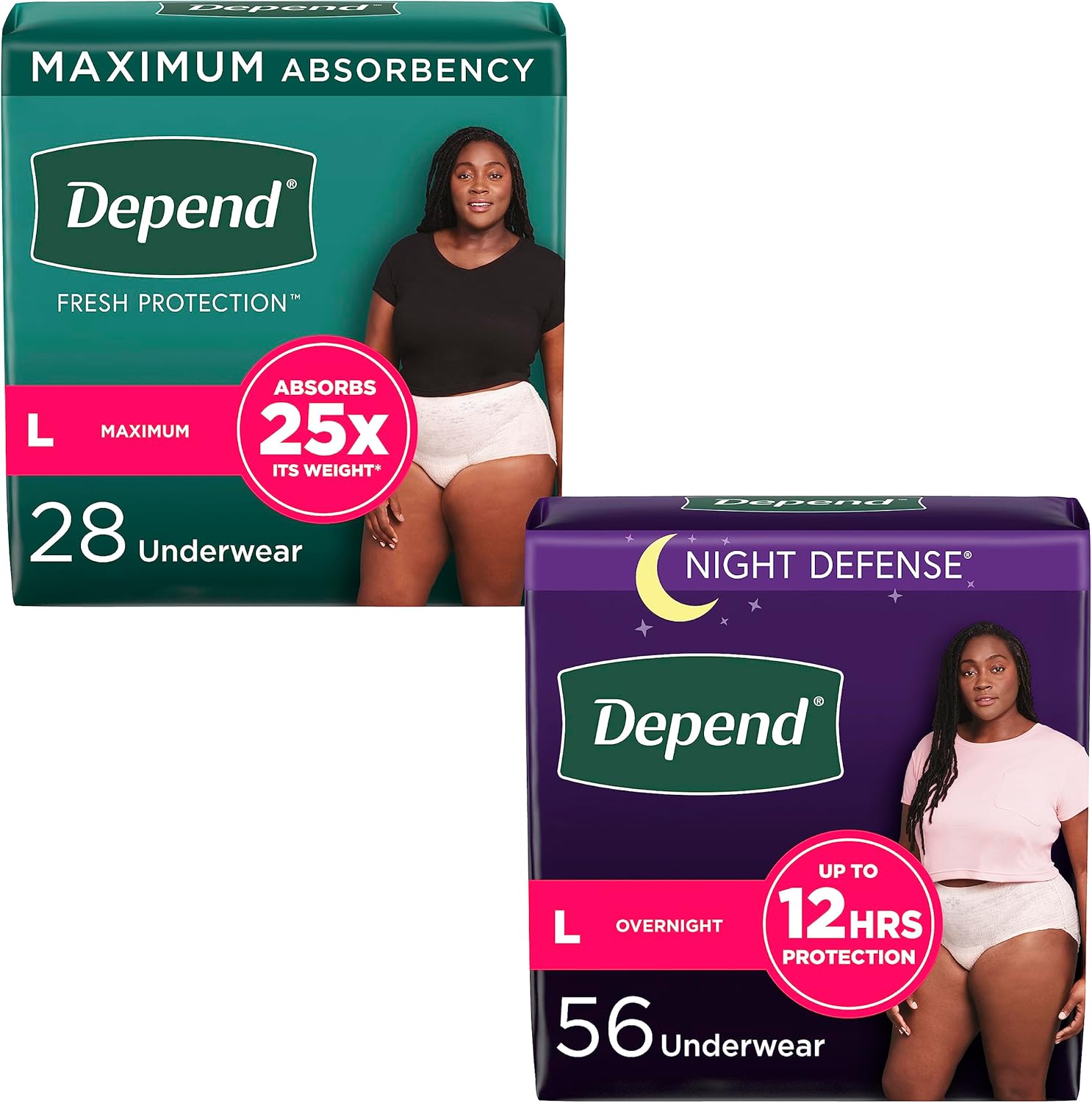 Adult Incontinence Underwear Bundle: Depend Fresh Protection Underwear For Women, Maximum, L, Blush, 28 Count And Depend Night Defense Underwear For Women, Overnight, L, Blush, 56 Count
