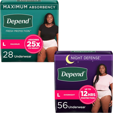 Adult Incontinence Underwear Bundle: Depend Fresh Protection Underwear For Women, Maximum, L, Blush, 28 Count And Depend Night Defense Underwear For Women, Overnight, L, Blush, 56 Count