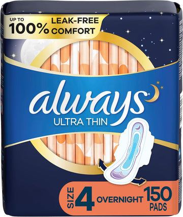 Always Ultra Thin Feminine Pads For Women, Size 4 Overnight Absorbency, Multipack, With Wings, Unscented, 50 Count X 3 Packs (150 Count Total)