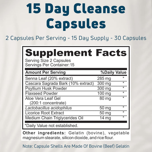15 Day Cleanse Capsules - Colon Cleanse For Digestive Health, Fewer Cravings & Glowing Skin - 15 Day Gut Cleanse, Detox Cleanse - 30 Tasteless, Gluten-Free, Soy-Free Capsules