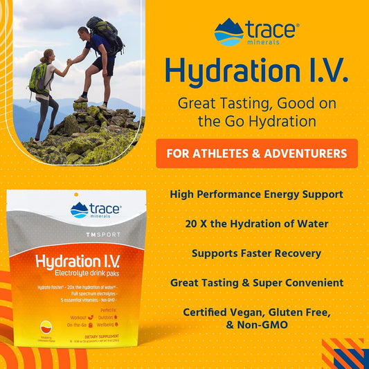 Trace Minerals | Hydration I.V. Electrolyte Drink Packs | Full Spectrum Mineral Mix |Supports Rapid Rehydration, Energy, Stamina and Muscle Recovery | Raspberry Lemonade avor | 16 Packs